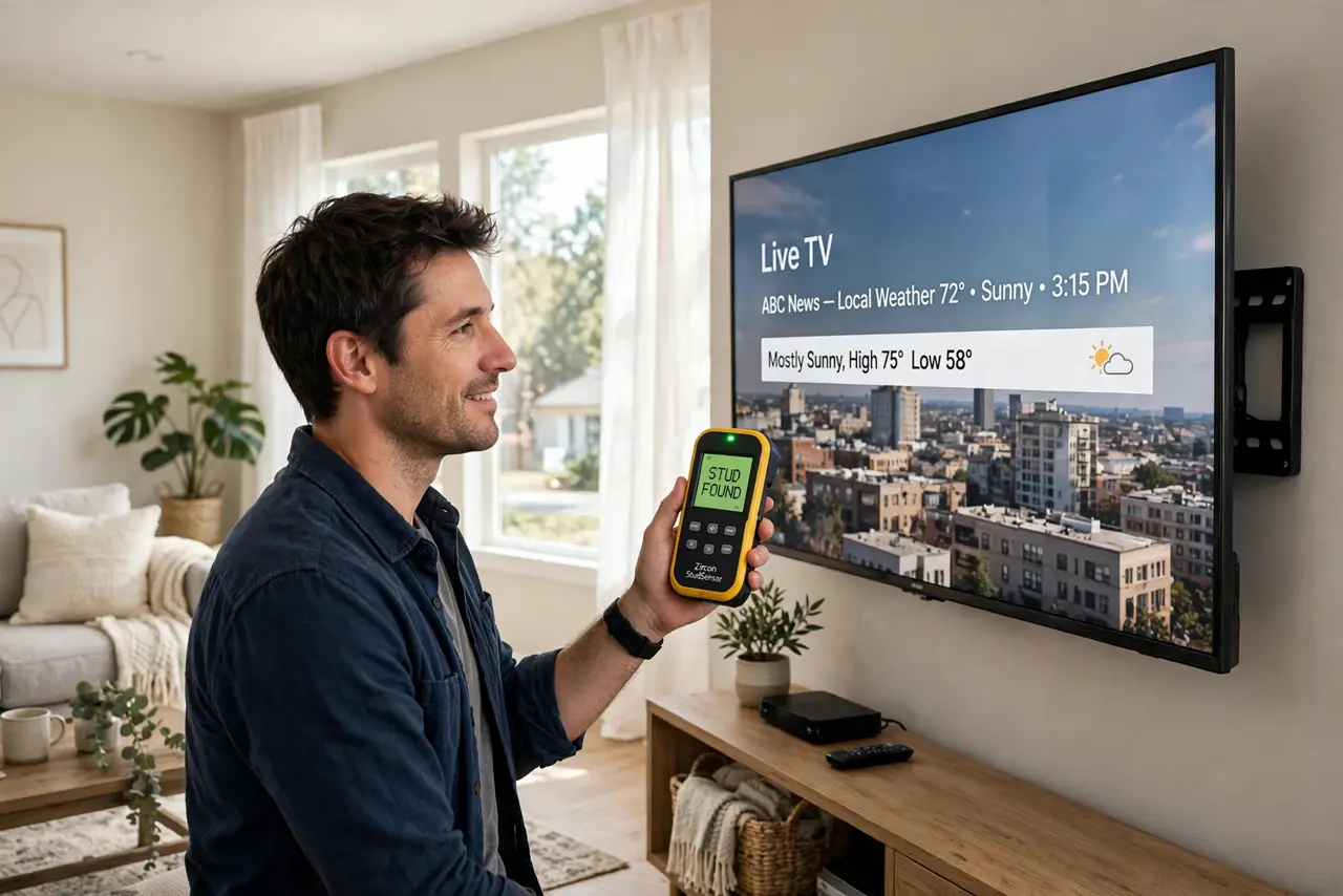 Photoreal photo: a person using a real stud finder on a living room wall, a real TV mounted securely on the wall beside them, the person's face confident, bright living room. No black screen, no blank white screen,...