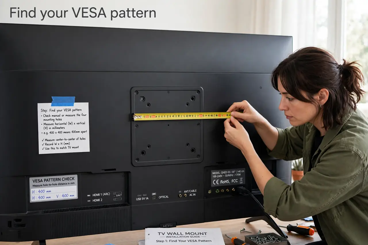 A person performing the first step of the guide: Find your VESA pattern.