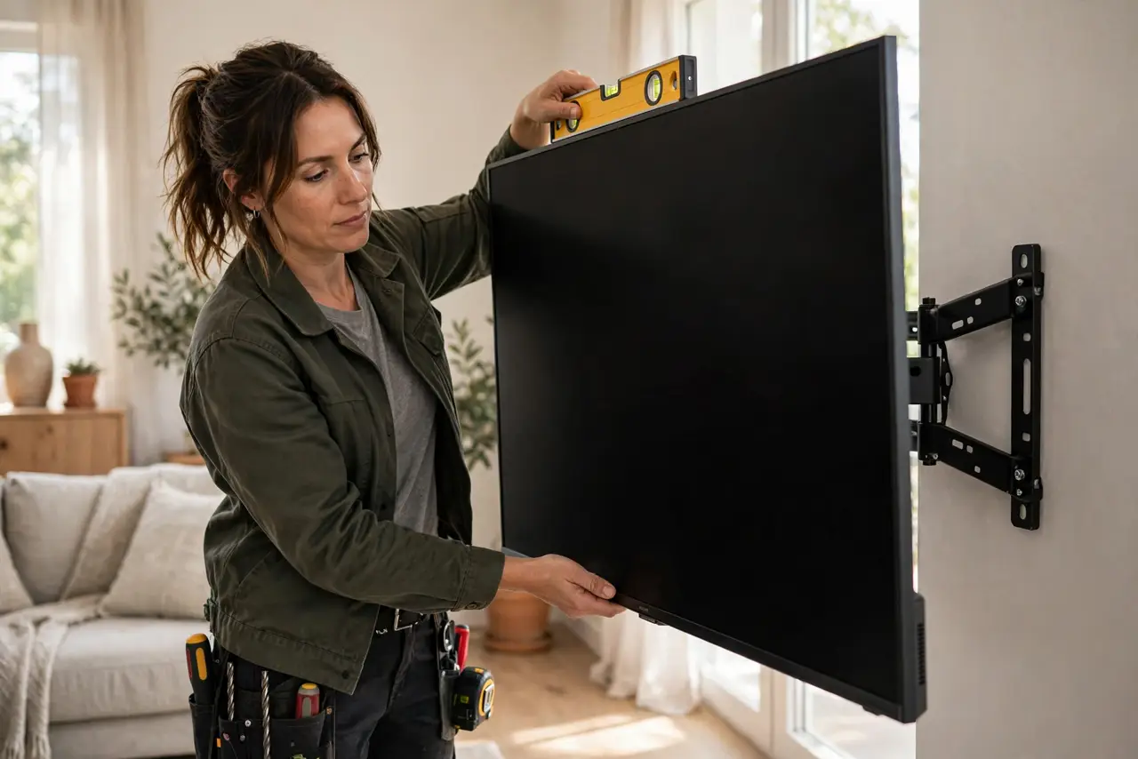 a person mounting a real flat TV on a real living room wall with a visible VESA bracket, a level tool in hand, the screen off and safe, the person's face focused, bright room.