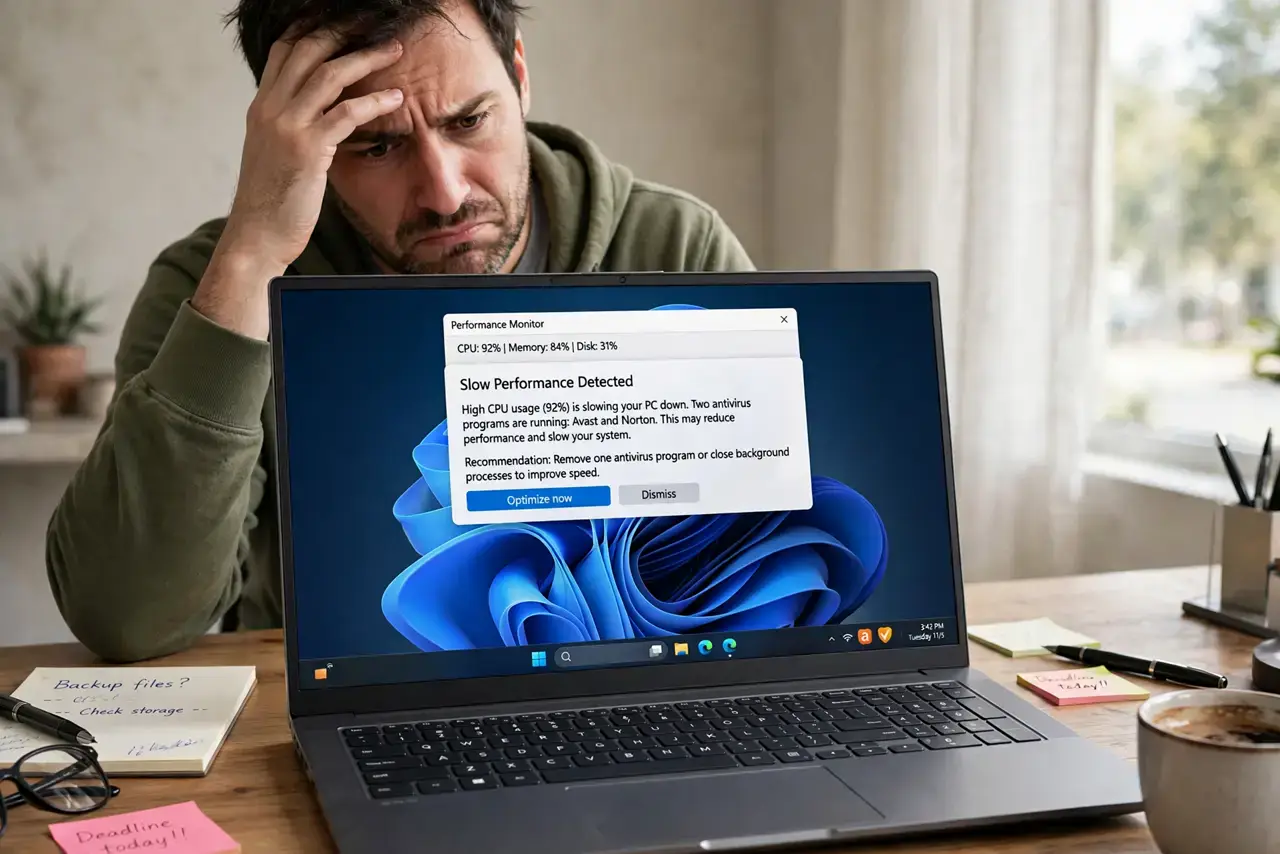 Two Antiviruses Installed — an exasperated adult at a desk with a real laptop showing two antivirus programs' system tray icons and a slow