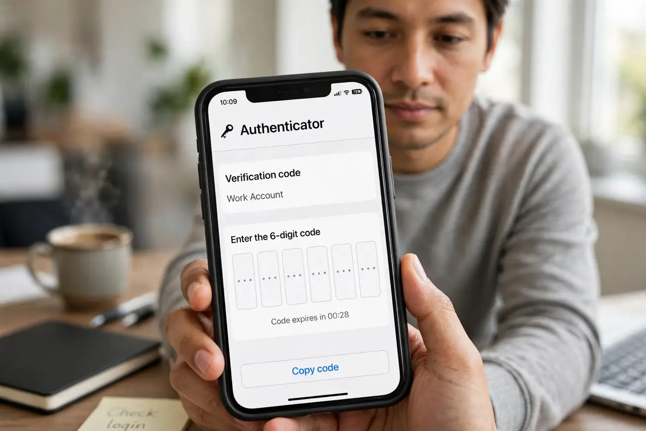 Photorealistic photo: A calm adult holding a real iPhone at a desk, an authenticator app open on the phone screen with a code entry visible, screen text legible, no real code digits readable.