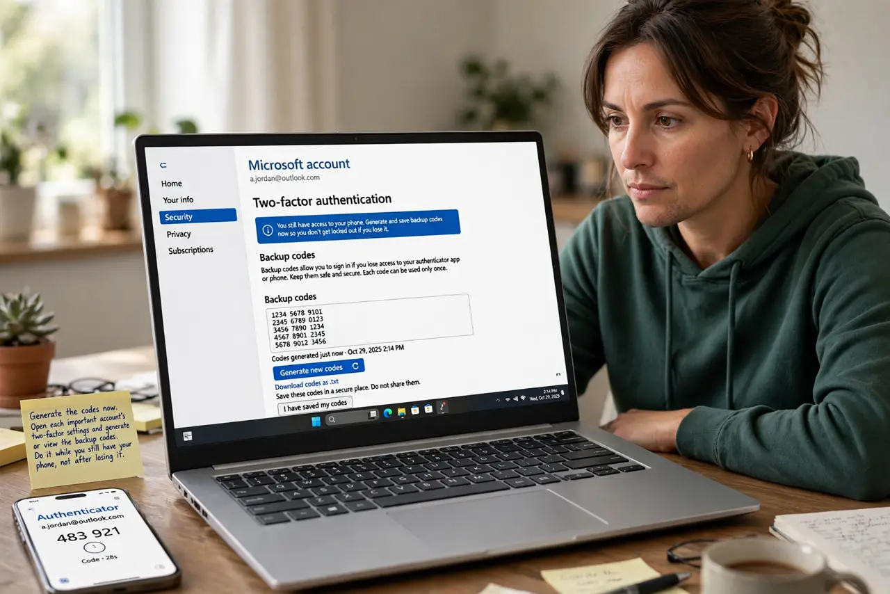 A person performing step 1 of the guide: Generate the codes now. Open each important account's two-factor settings and generate or view the backup codes. Do it while you still...