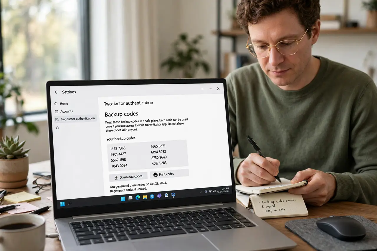 a calm adult at a desk with a real laptop, the screen showing a normal two-factor settings page with backup codes and legible text, the person saving them carefully