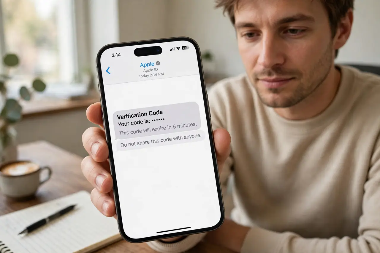 Photorealistic photo: A calm adult holding a real iPhone at a desk, a verification code message visible on the phone screen, screen text legible, no real code digits readable.