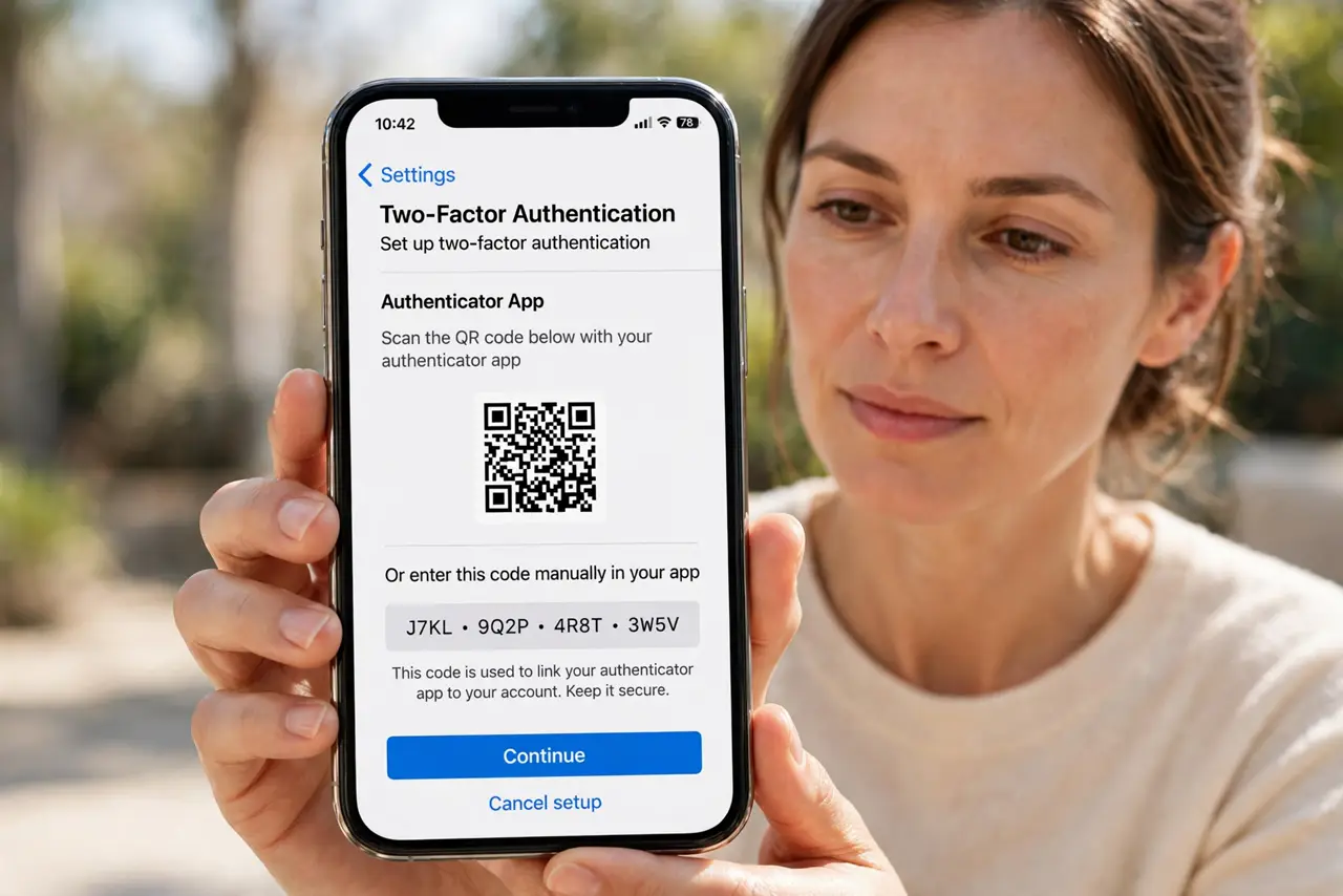 a calm adult holding a real phone showing a two-factor setup screen on the real screen, QR and manual entry options legible without revealing real codes. No bla