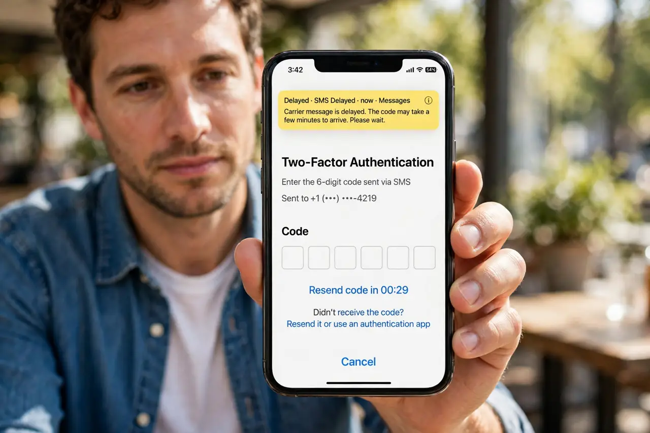 Two-Factor SMS Code Delayed? Get In Safely — photo showing the situation described in the guide.