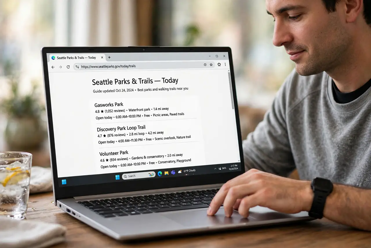 a calm adult scrolling with two fingers on a real Windows laptop touchpad, a web page open on the real laptop screen with text clearly legible.