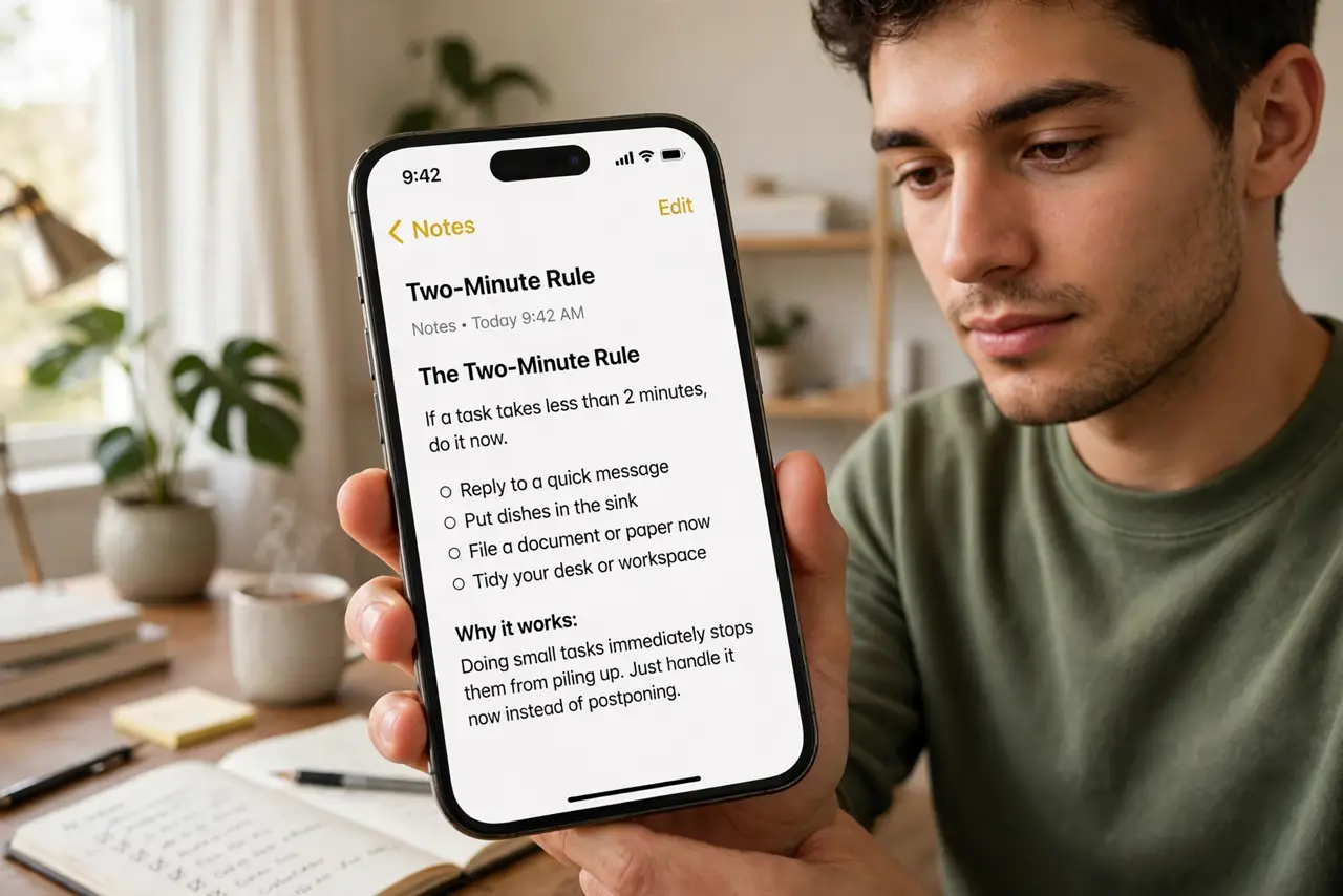 Photoreal photo of a person performing the first step: Learn the actual rule. If a task takes less than two minutes, do it immediately rather than ...