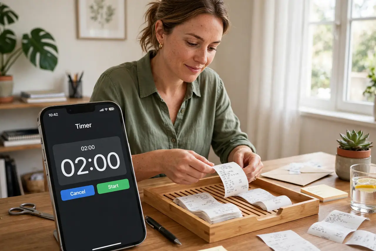 Photoreal photo: a person at a real desk quickly filing a paper receipt into a tray, a phone timer showing a legible two minutes beside, the person's face decisive, bright home office. No black screen, no blank whi...