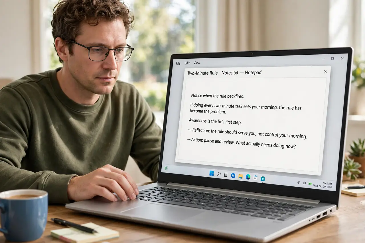 A person performing step 1 of the guide: Notice when the rule backfires. If doing every two-minute task eats your morning, the rule has become the problem. Awareness is the...