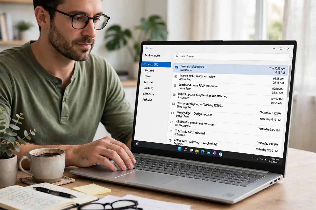 a calm adult at a desk with a real Windows laptop showing a normal inbox with many short emails and legible subject lines, the person pausing before clicking