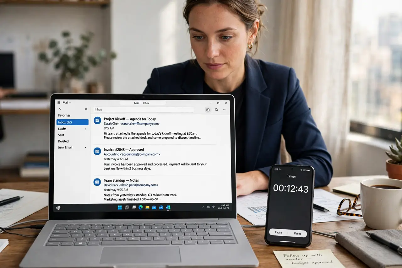 a person at a real desk with a laptop showing a legible email inbox, a timer visible on a phone beside it, the person's face decisive, morning light.