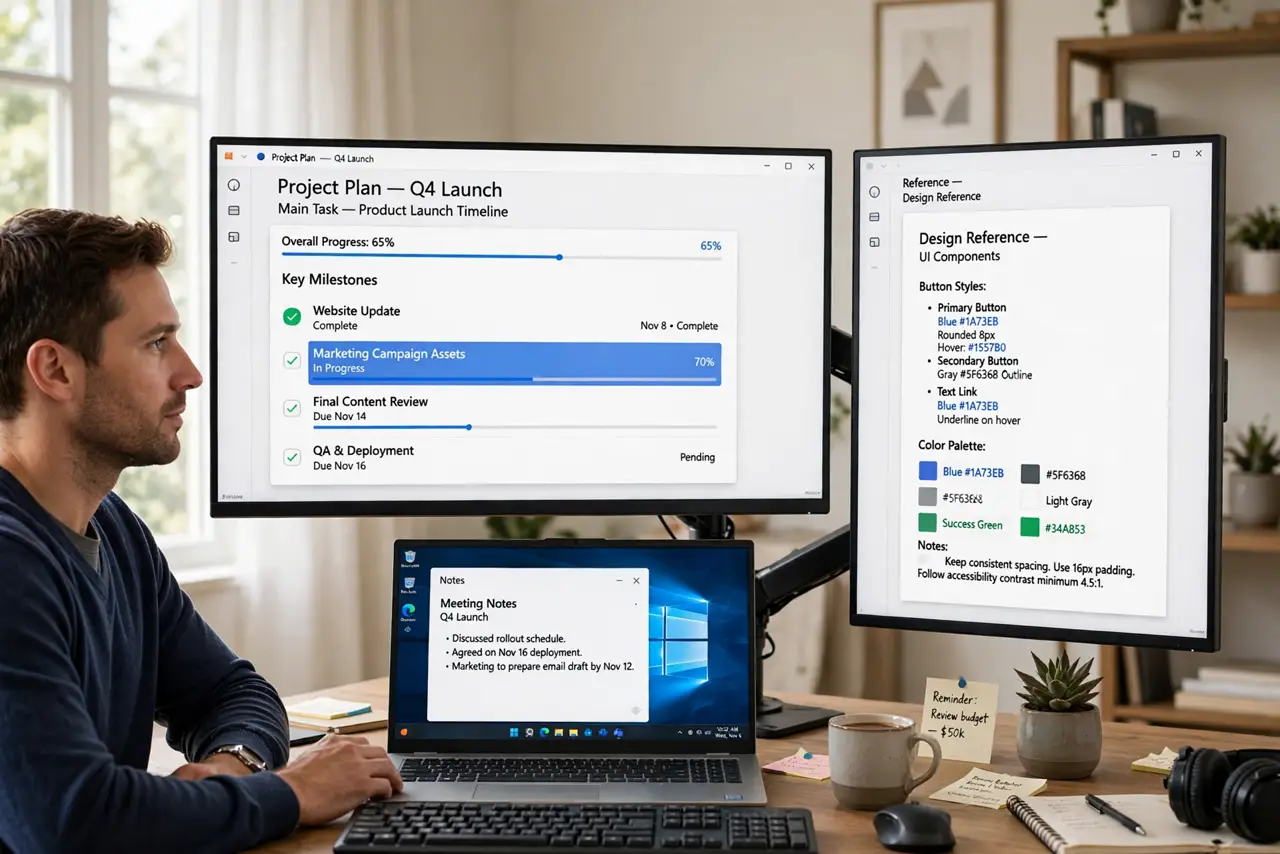 Photoreal photo of a person performing the first step: Put the main task front and center. Your primary monitor holds the work that matters right n...