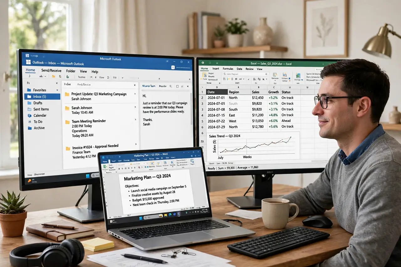 Photoreal photo: a person working at a real desk with two real monitors showing legible different applications, the person's posture relaxed and focused, bright home office. No black screen, no blank white screen, ...