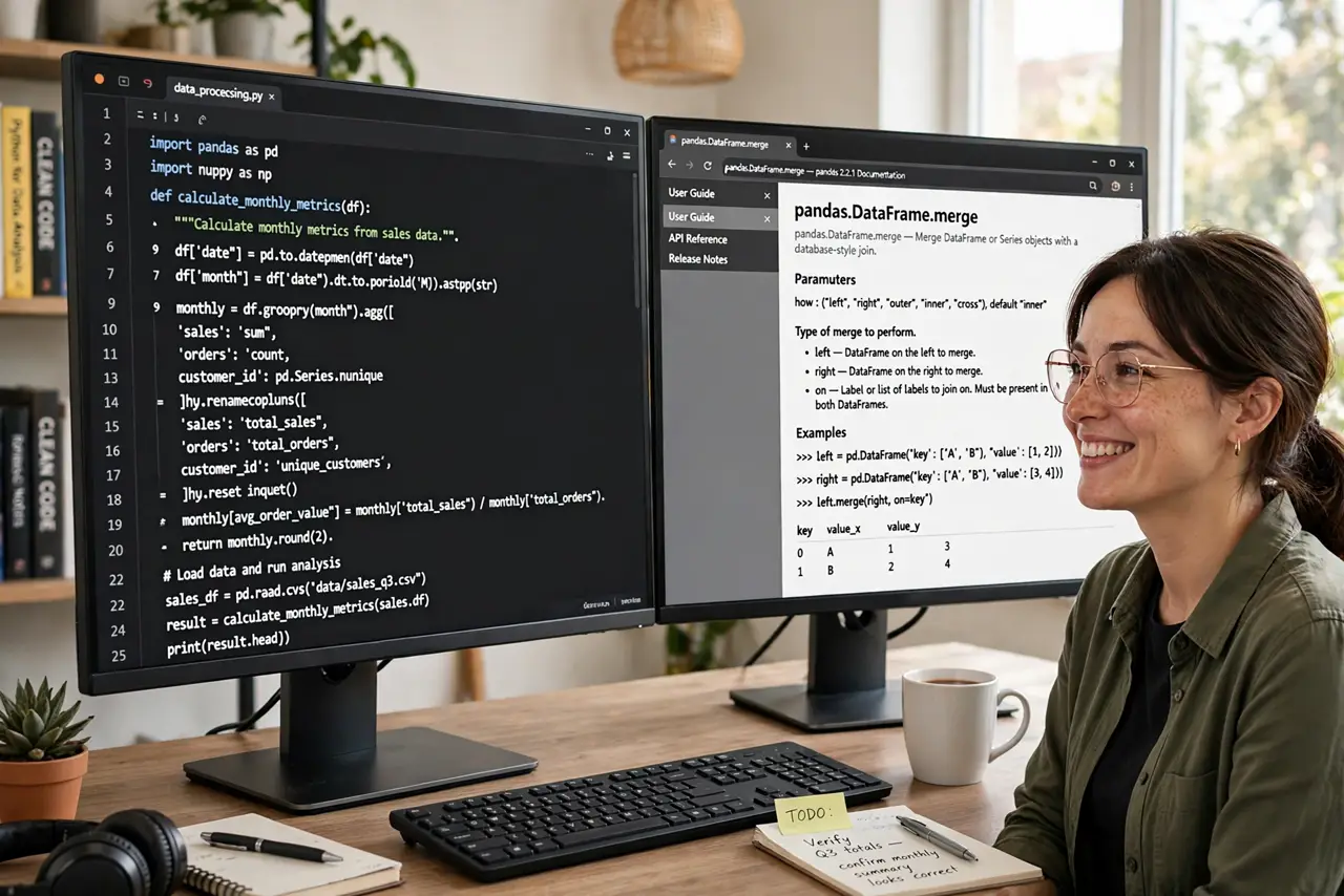 A Two-Monitor Workflow That Actually Works — a satisfied professional working across two real monitors with code on one and reference docs on the other, bo