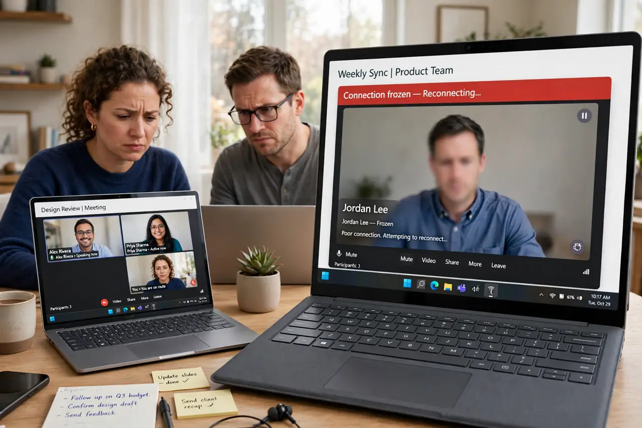 Two Video Calls on One Wi-Fi Freeze — two calm adults at a shared home desk, each with a real laptop showing a video call with fully legible interfa