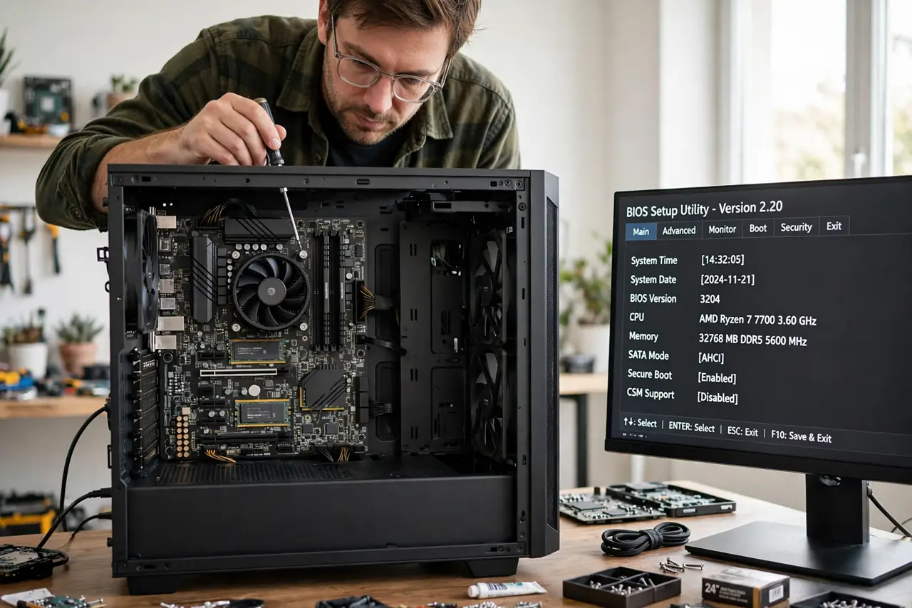 A person leaning over an open desktop PC case looking at the motherboard with a screwdriver in hand, a monitor beside