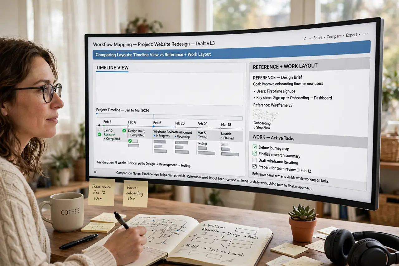 A person performing the first step: Map your actual workflow. One big timeline or spreadsheet favors ultrawide.