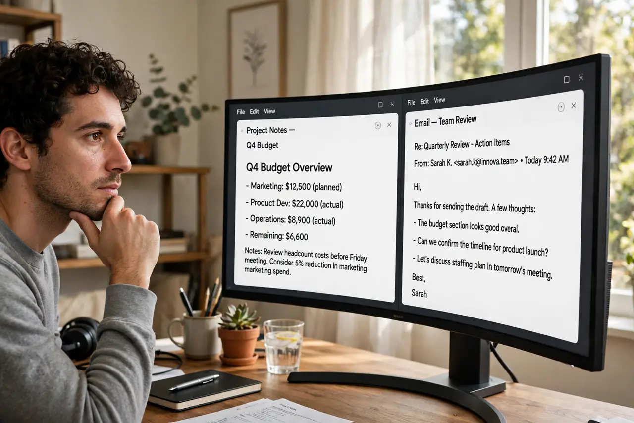 A person at a desk with a real ultrawide curved monitor showing two windows side by side legibly, the person's face