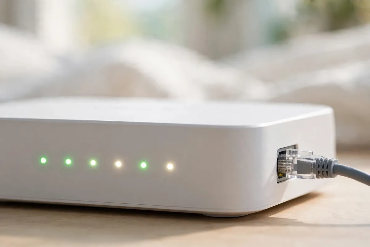 A close-up of a router’s glowing front indicator lights with an ethernet cable plugged into a port.