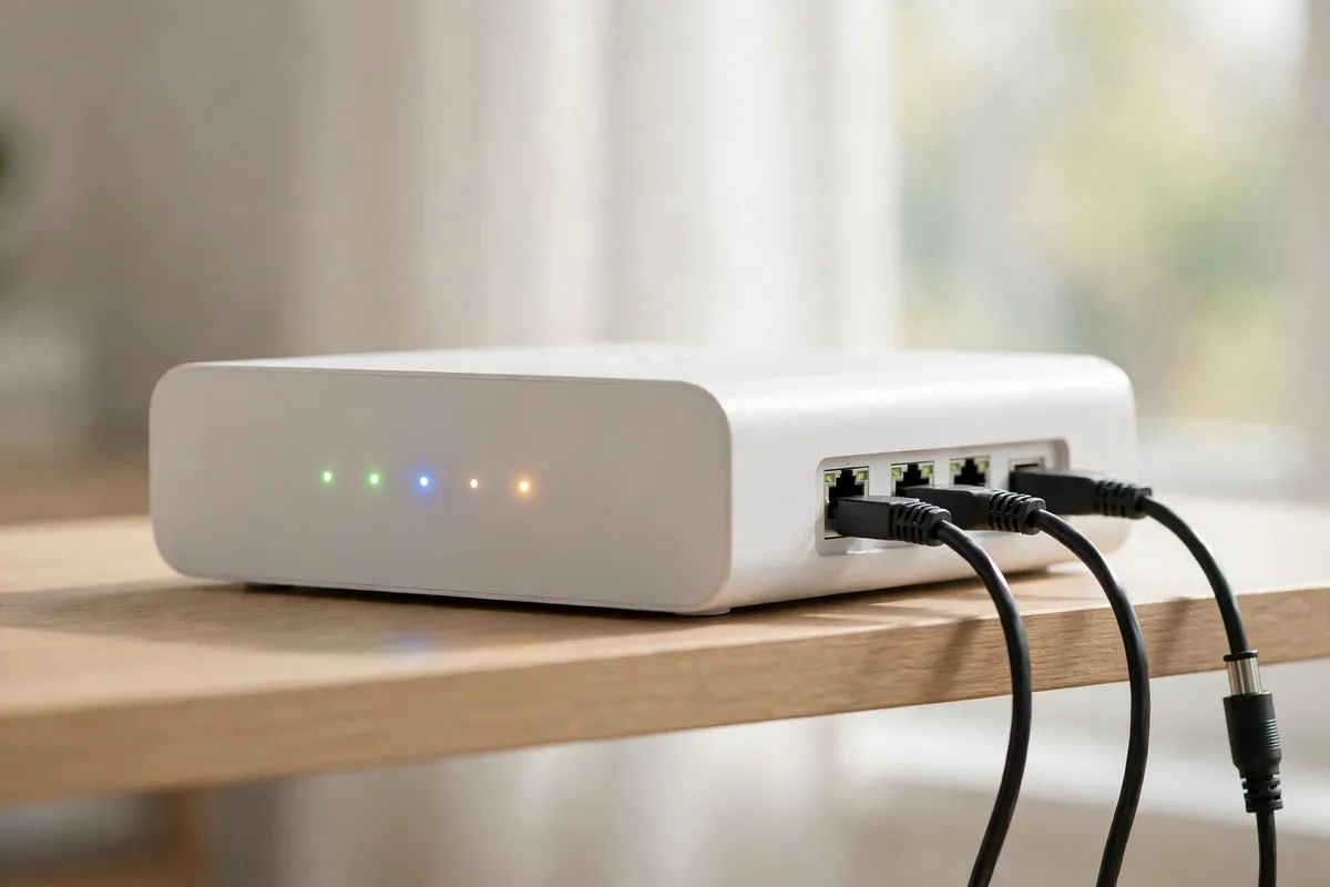 A white home router on a wooden shelf in bright daylight, its front indicator lights glowing and ethernet cables plugged into its ports.