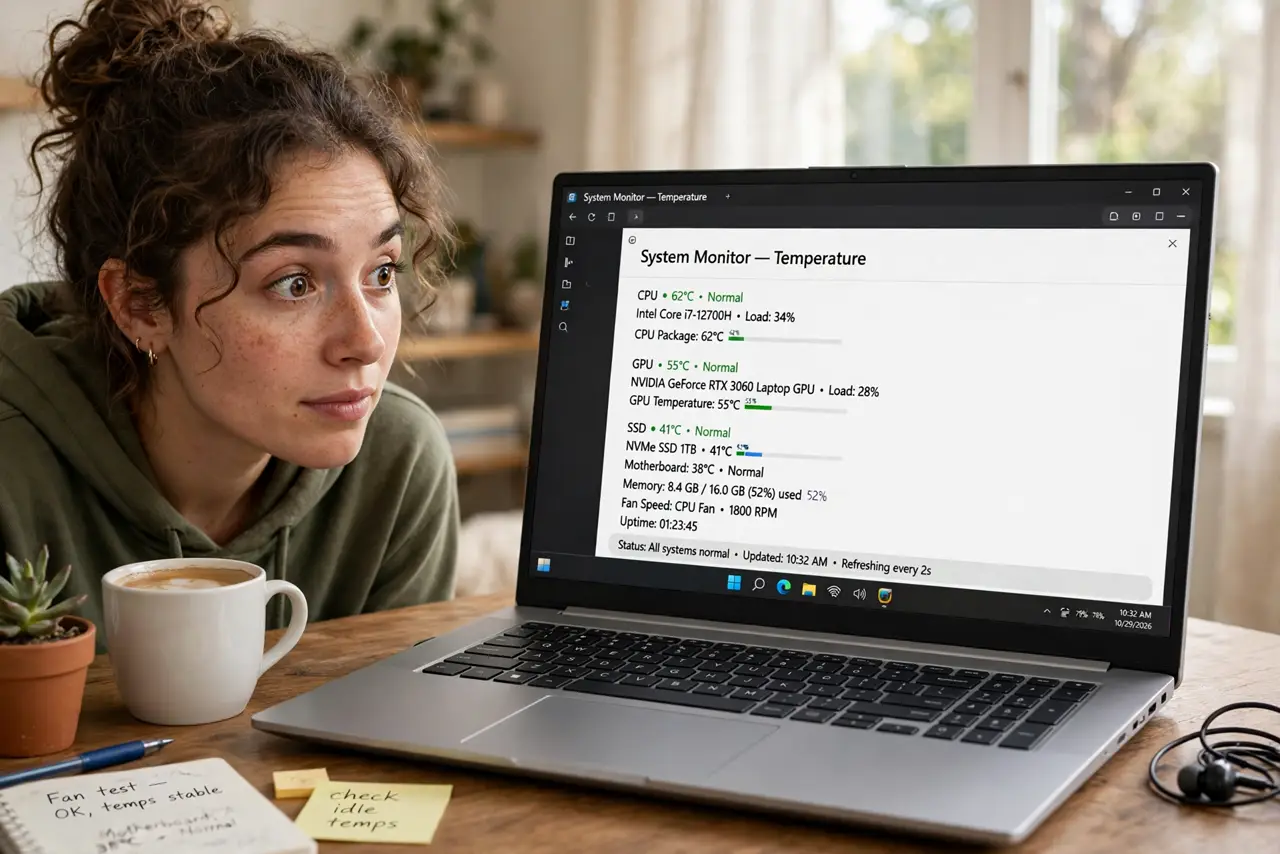 A person looking at a real laptop screen showing a system monitoring window with temperature readings legible, the