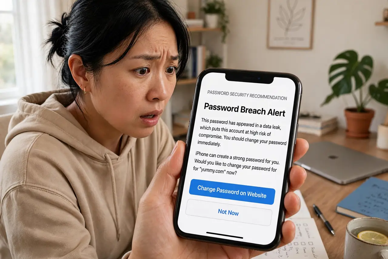 a person looking at a real phone showing a password breach alert with legible warning text, the person's face alarmed, home office. No black screen, no blank white screen, no fake .