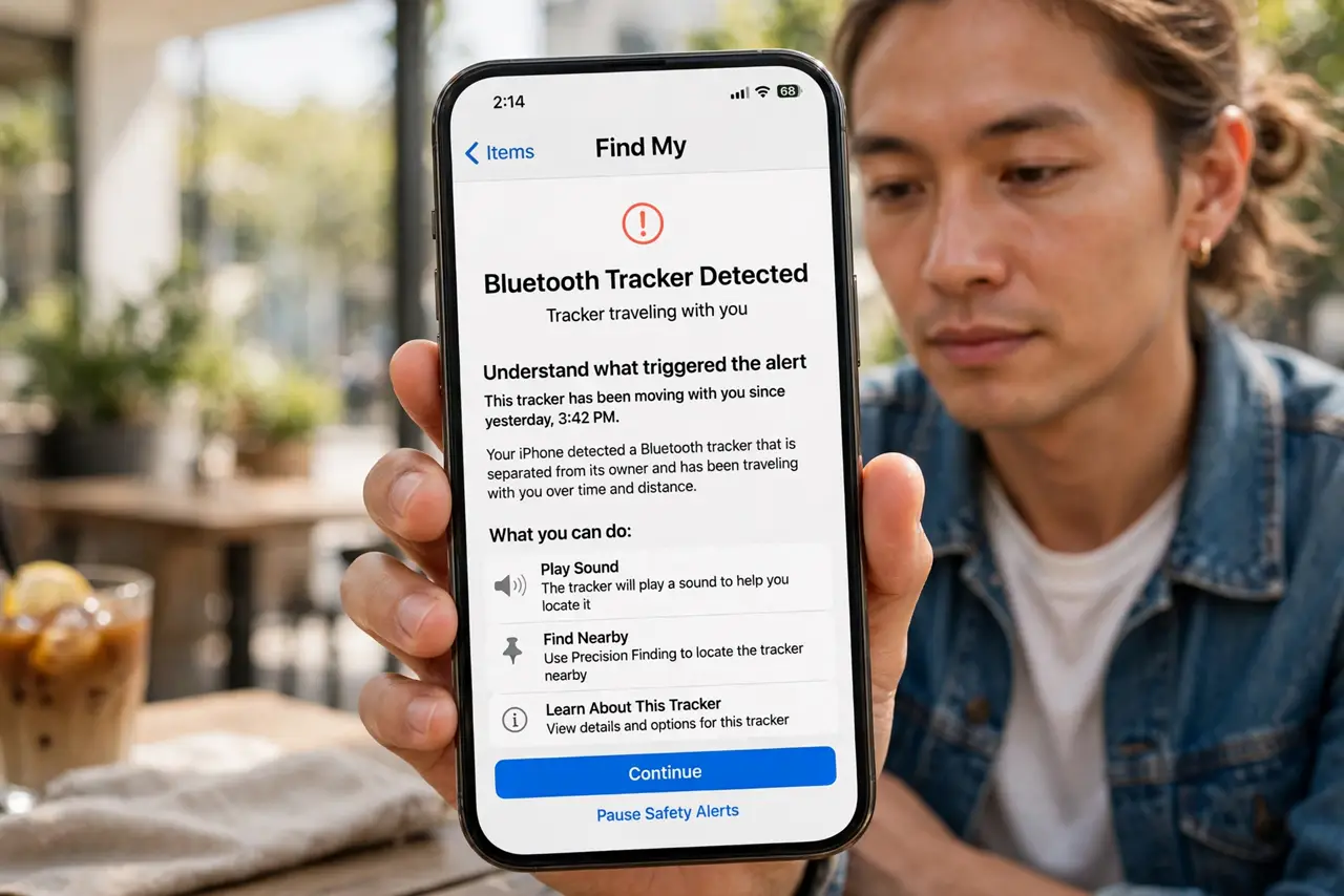 A person performing step 1: Understand what triggered the alert. Your phone detected a Bluetooth tracker separated from its owner travelin.