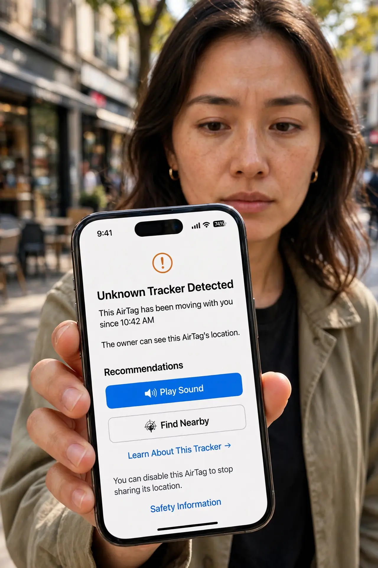 A person holding a real smartphone showing an unknown tracker alert with legible text, the person's face alert and cautious, street daylight.