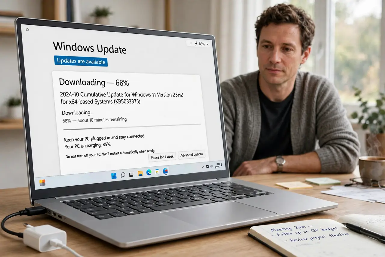 A calm adult waiting patiently next to a Windows laptop downloading an update, the charger plugged in.