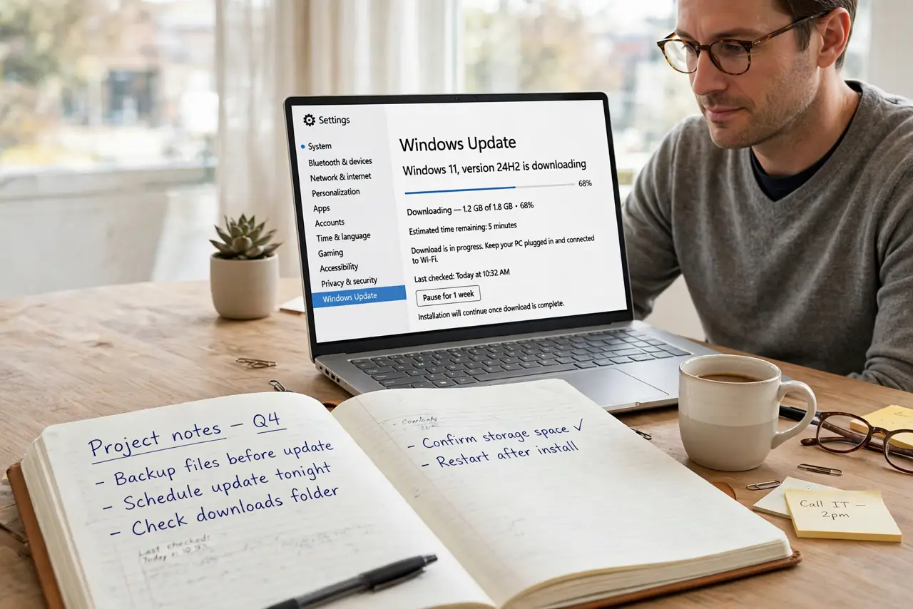 A calm adult at a desk with a Windows laptop showing the Windows Update page with download progress.