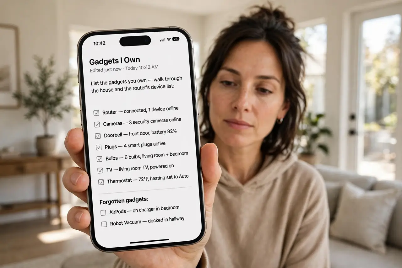 A person performing step 1: List the gadgets you own. Walk through the house and the router's device list: router, cameras, doorbell, plug.