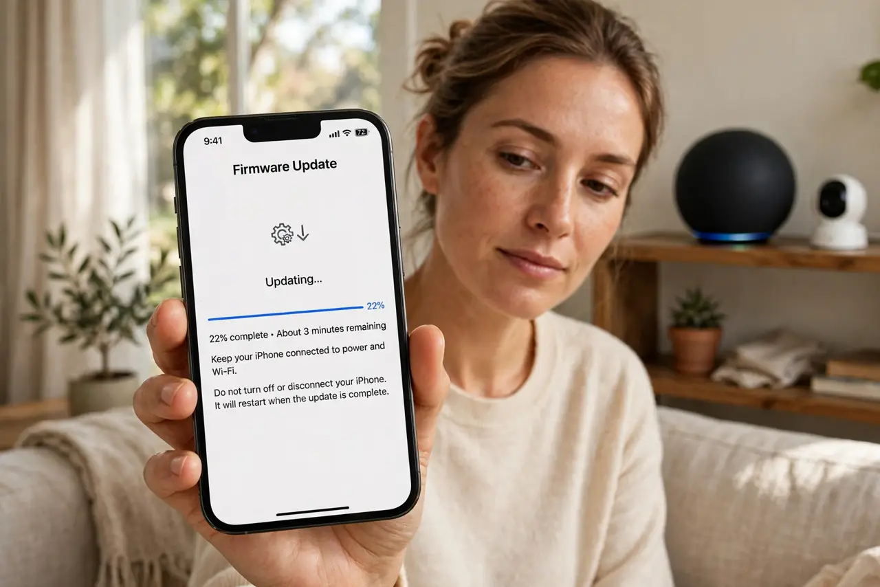 A person holding a real smartphone showing a firmware update progress screen with legible text, a smart speaker and camera on a shelf nearby, the person's face patient,.