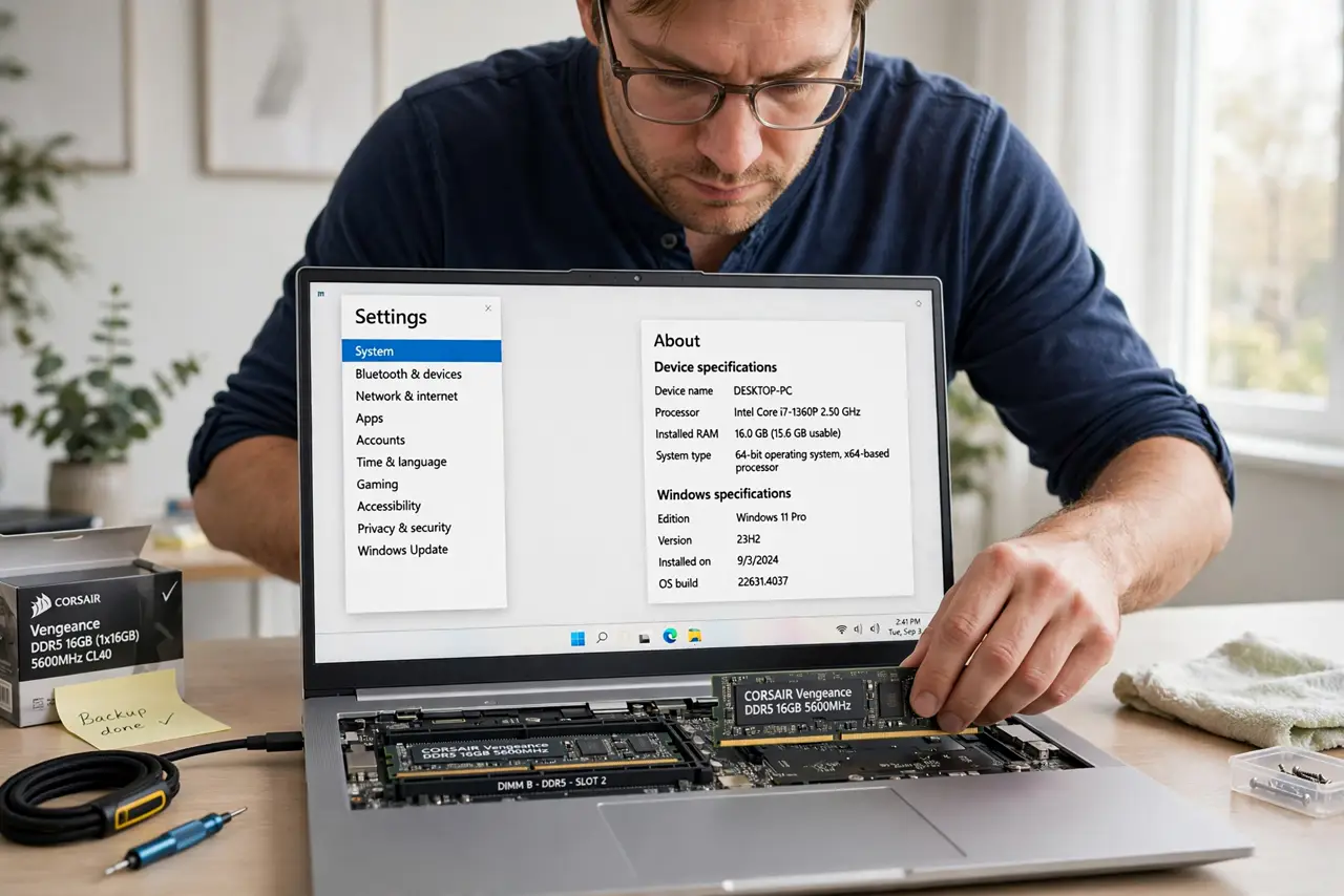 a person installing a real RAM stick into an open real laptop on a clean desk, the memory slot visible and legible, the person's face careful and focused, bright workspace. No blac.