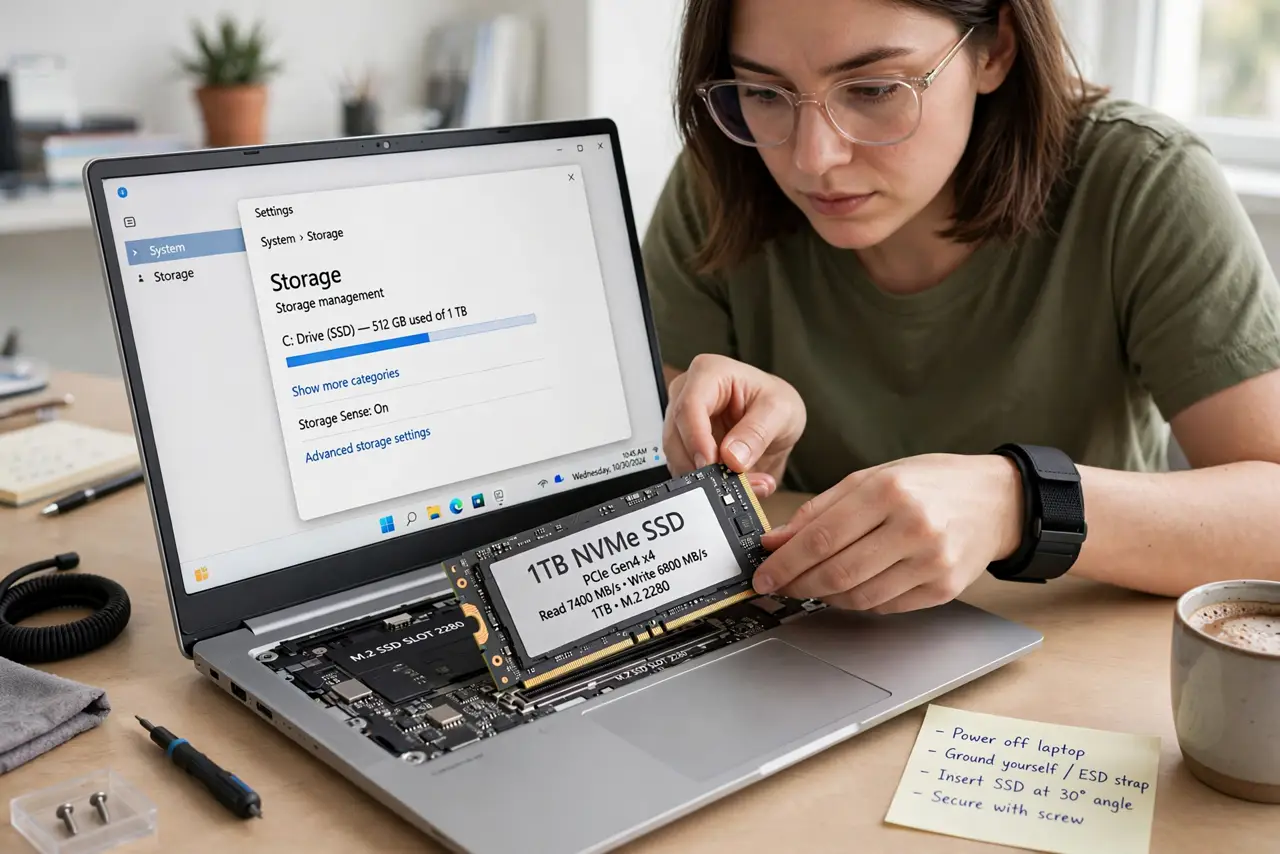 a person installing a real M.2 SSD into an open real laptop on a clean desk, the SSD slot visible and legible, the person's face careful and focused, bright workspace. No black scr.