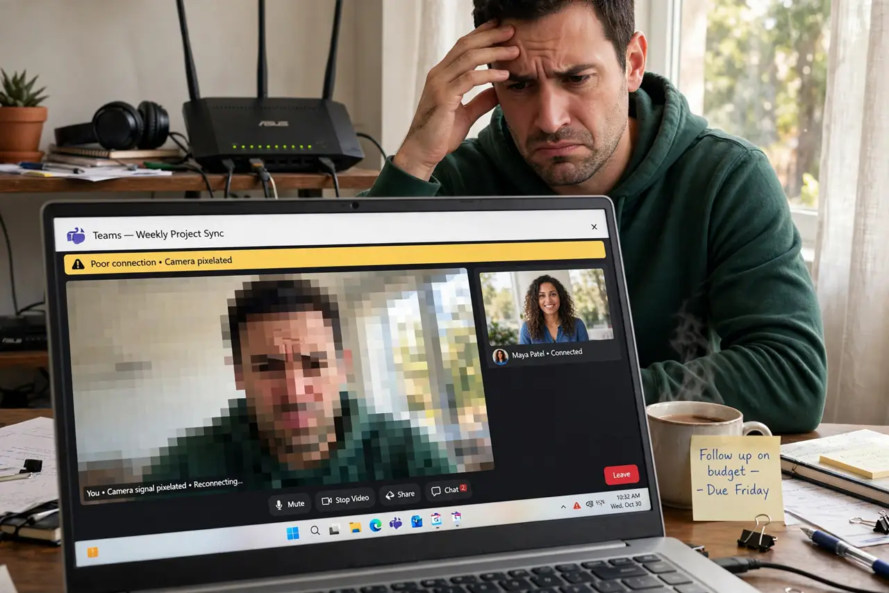 a person on a real video call on a laptop with the camera view pixelated, a real router visible behind, the person's face frustrated, home office. No black screen, no blank white s.