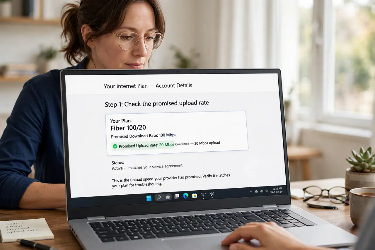 Person performing step 1: Check the promised upload rate. Read the plan details for its upload rate, which is often far below the download rate. An upload that...
