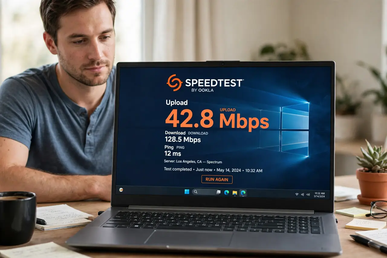 Photorealistic photo: A calm adult at a desk with a real laptop, the real upload speed test result visible complete and legible, the person checking calmly.