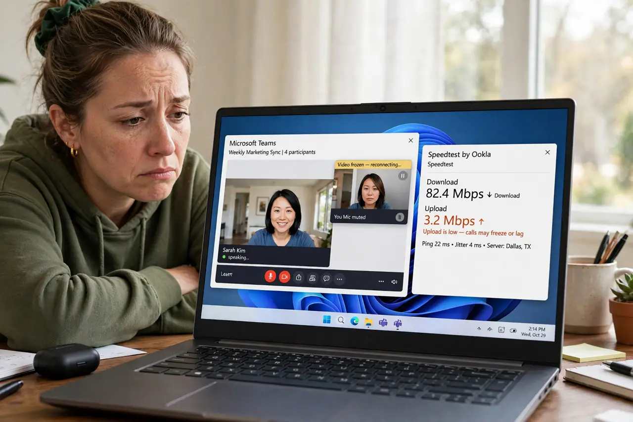 Upload Too Slow for Video Calls — a person on a real laptop video call with their own video frozen, a speed test showing low upload legible on a