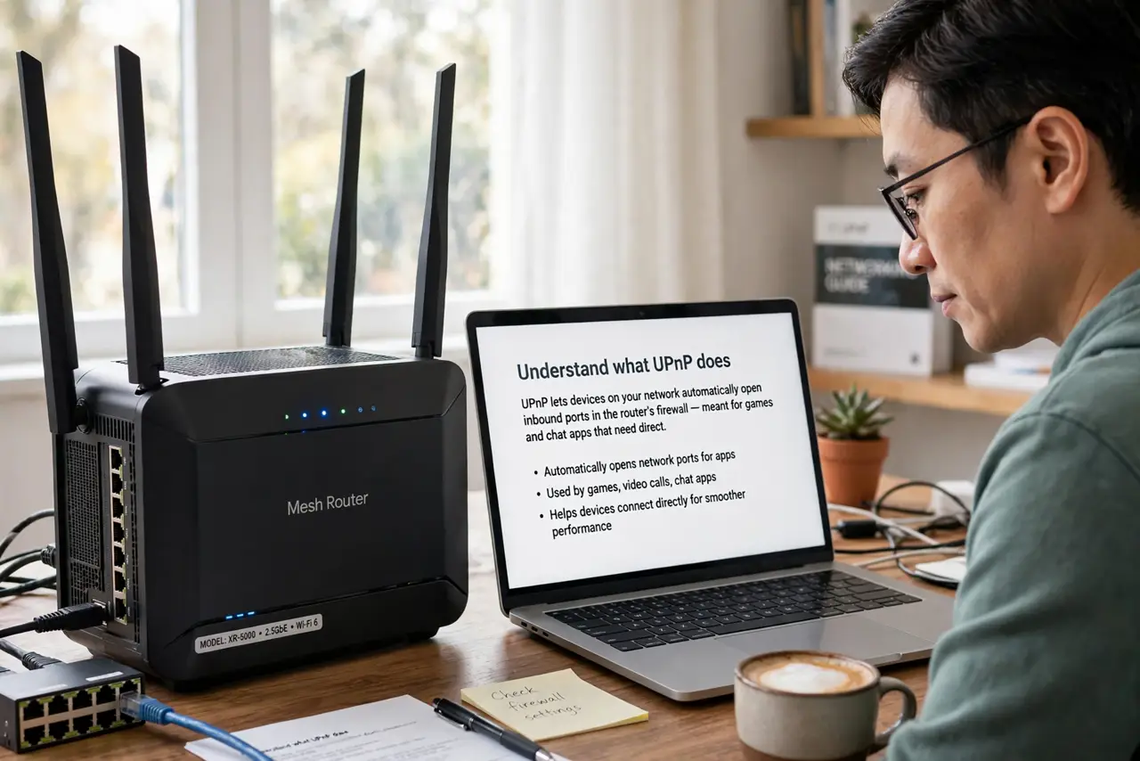 A person performing step 1: Understand what UPnP does. UPnP lets devices on your network automatically open inbound ports in the router's .