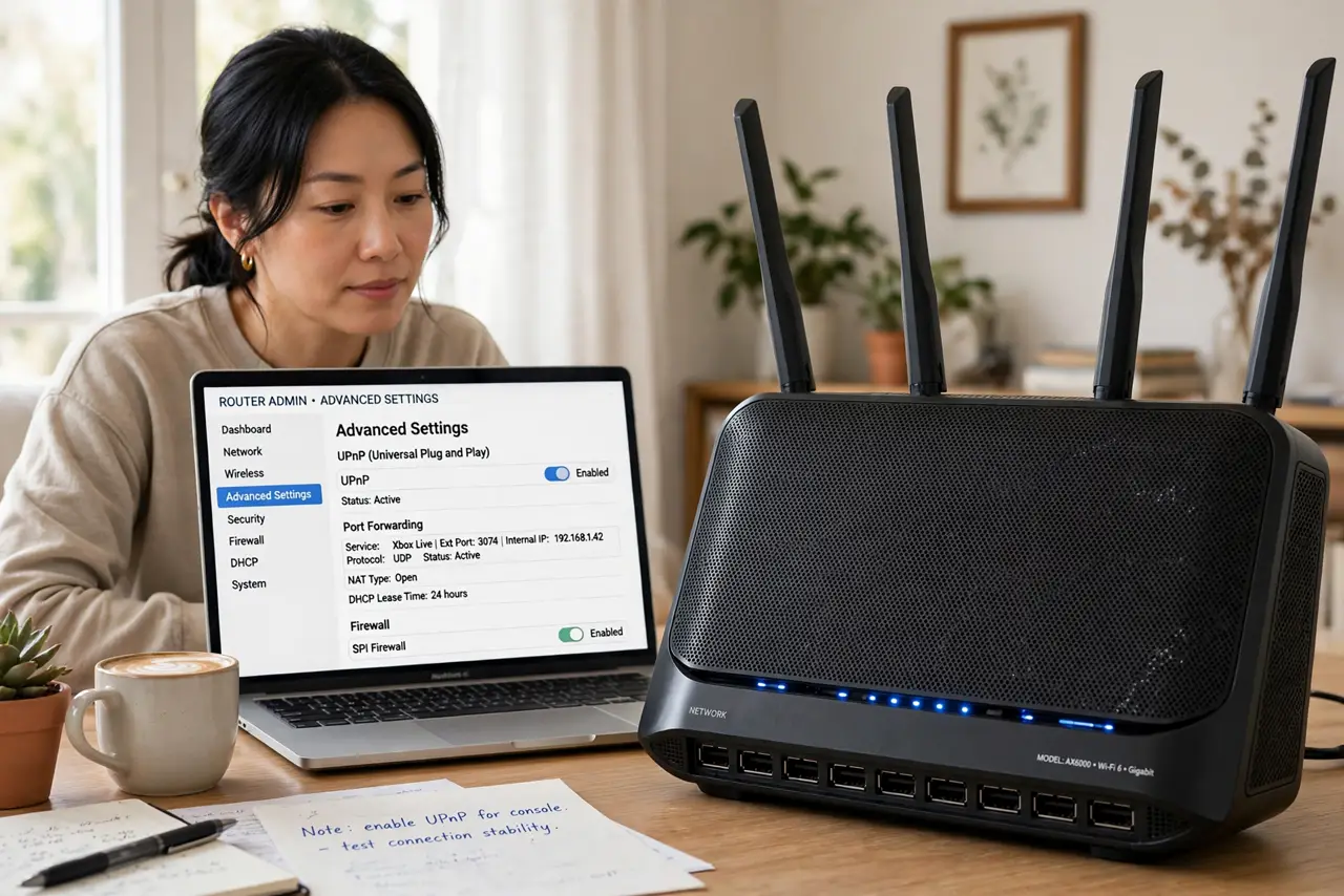 A person reviewing a real router's admin page on a laptop, the screen showing legible advanced settings with a UPnP toggle, the person's face thoughtful, home office.