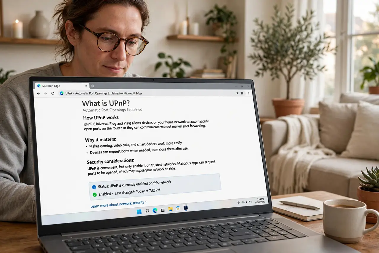 Photoreal photo of a person performing the first step: Understand what UPnP does. Universal Plug and Play lets devices and apps on your network req...
