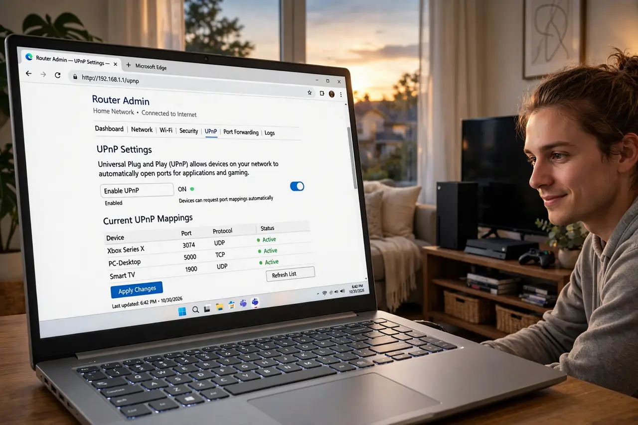 Photoreal photo: a person looking at a real router admin page on a real laptop showing UPnP settings with legible toggle text, a game console beside the TV, the person's face hopeful, living room evening. No black ...