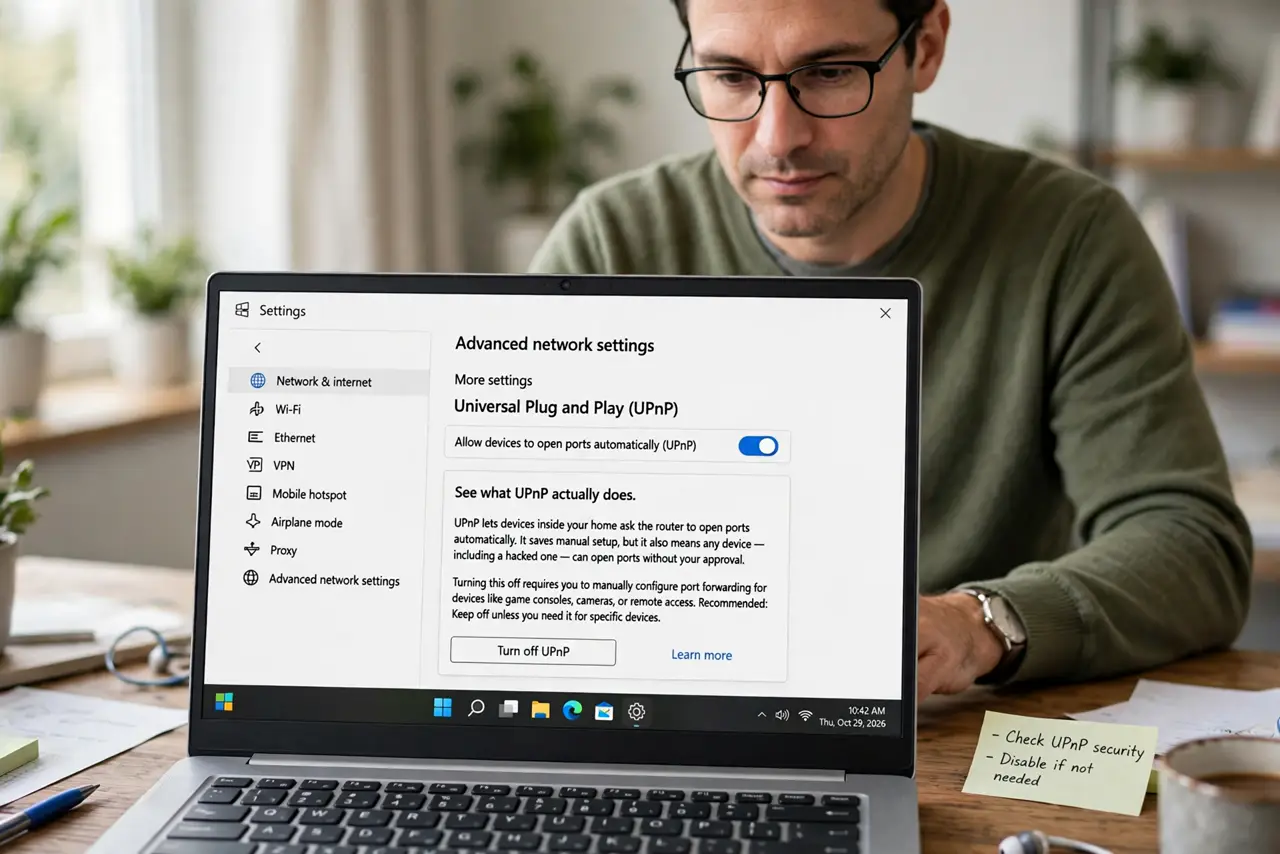 A person performing step 1 of the guide: See what UPnP actually does. UPnP lets devices inside your home ask the router to open ports automatically. It saves manual setup, but it also means any device — including a hacked...