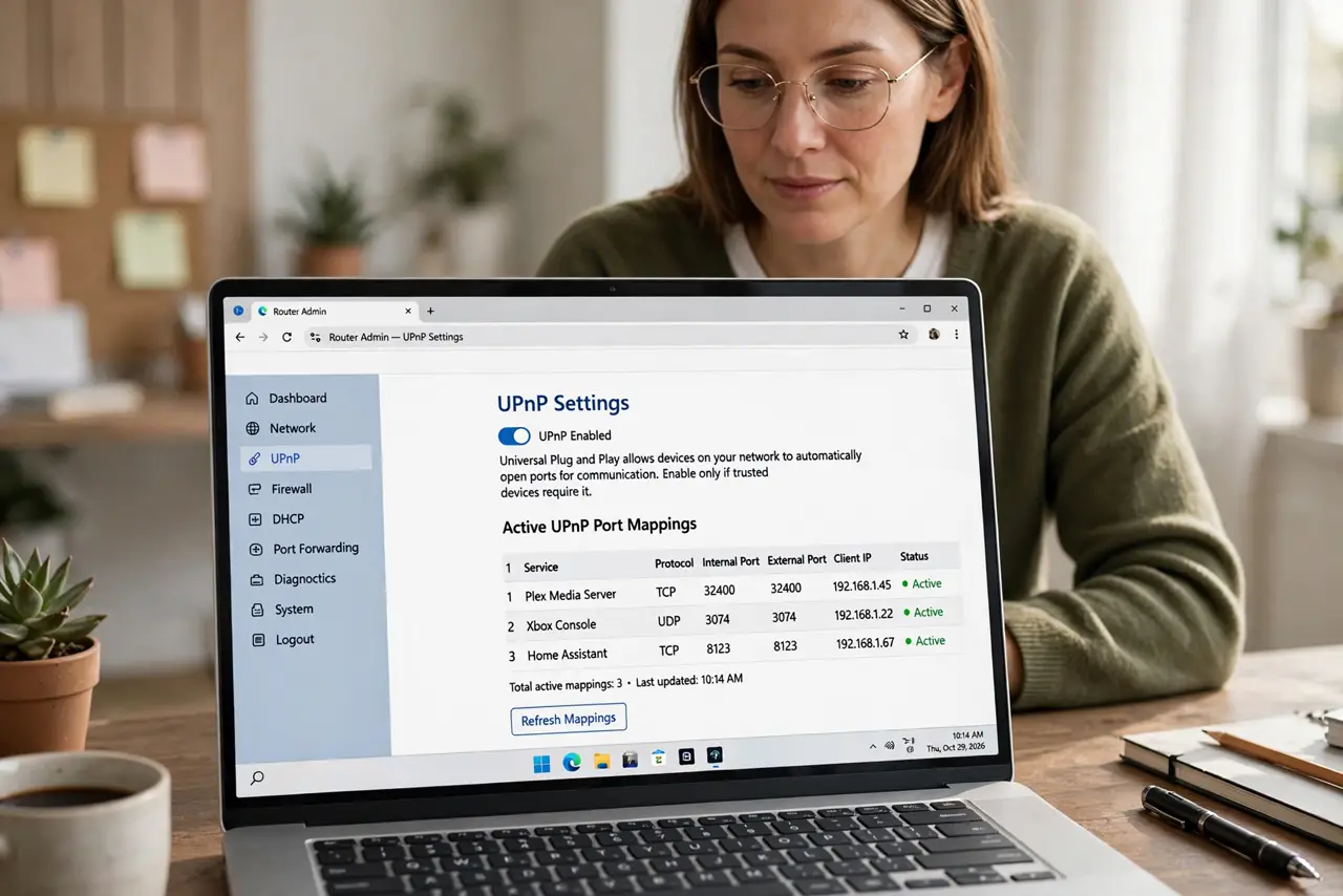 a calm adult at a desk with a real laptop showing a router admin page with a UPnP settings section legible on screen, the person reading it thoughtfully. No black screen, no blank white screen, no fake or garbled scre...