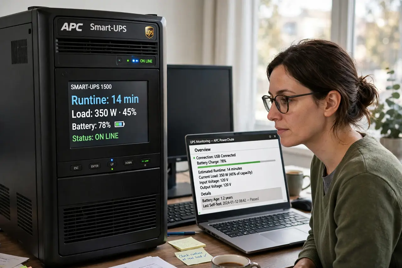 A person performing step 1 of the guide: Read the runtime at your real load. Check the UPS display or its software for the estimated minutes at your current load. That number...