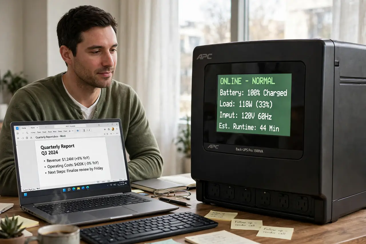 a calm adult at a desk with a real UPS unit beside a computer, the UPS display showing normal status text legible, the person looking at it calmly during daytime