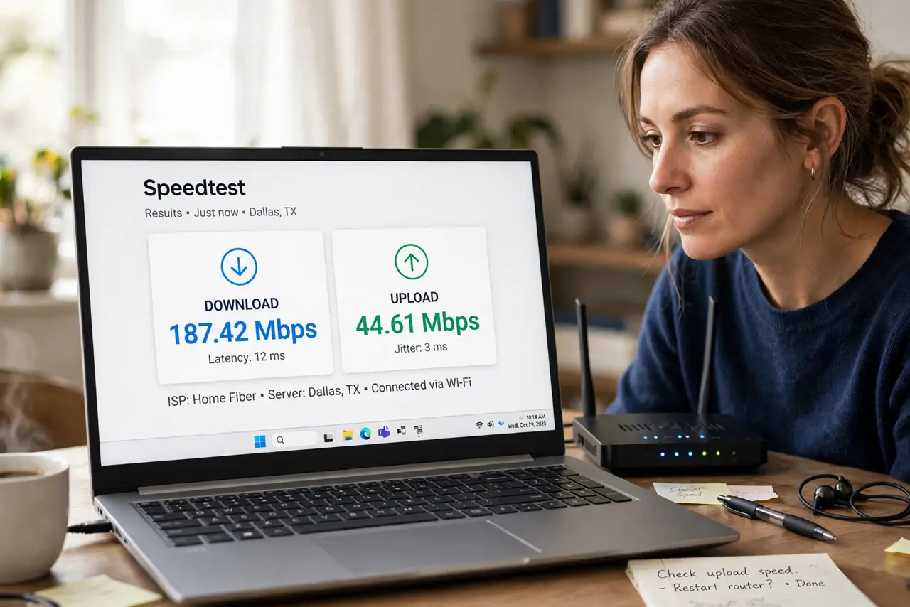 a person looking at a real laptop showing a speed test result with legible download and upload numbers side by side, a real router with blinking lights besid...
