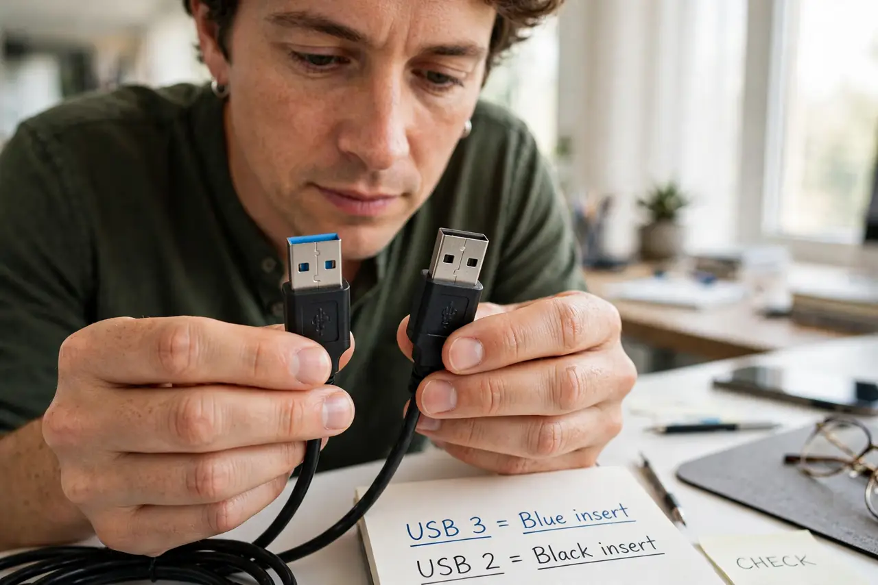 A person performing the first step: Check the plastic color inside. Blue insert means USB 3 on most devices; black or.