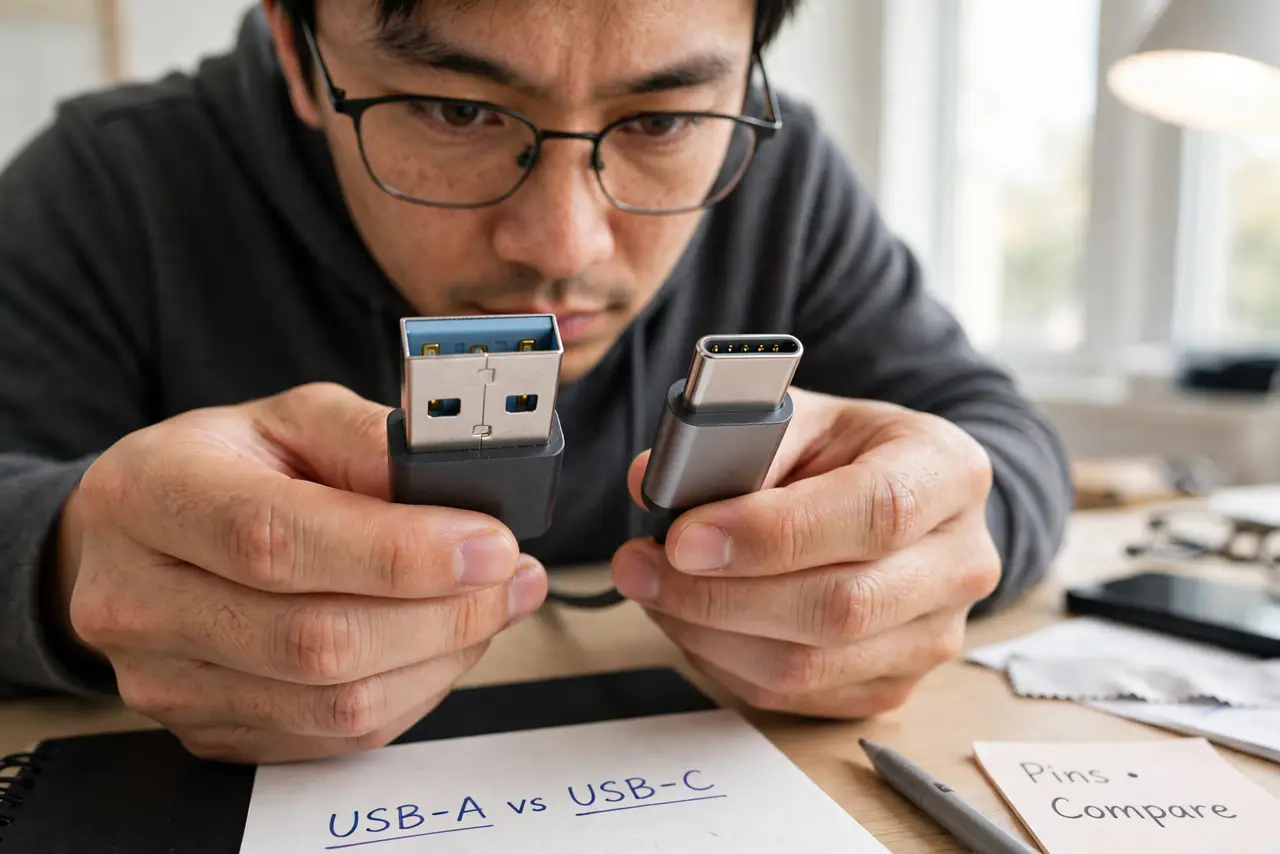 A person holding two real USB cables side by side showing the connector ends clearly with visible pins, comparing them